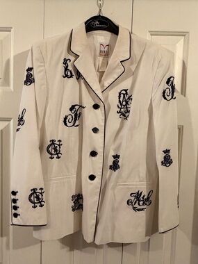 Mondi Embroidered White Blazer with Navy Monogram Details